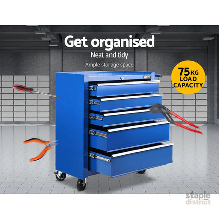 Giantz 5 Drawer Tool Box Cabinet Chest Trolley Box Garage Storage Toolbox Blue - Tools > Tools Storage > Tool Cabinets