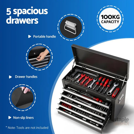 GIANTZ 5 Drawer Tool Chest Box Cabinet Lockable Garage Storage Organiser Black - Tools > Tools Storage > Tool Boxes