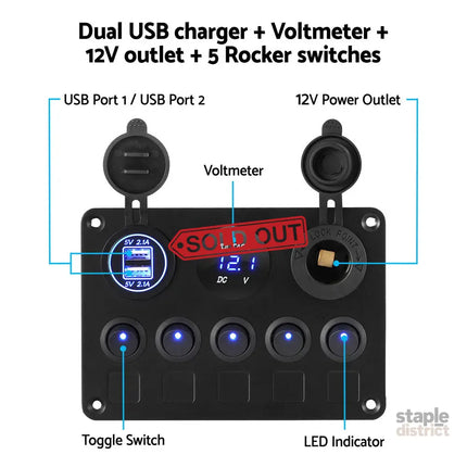 Giantz 5 Gang 12V Switch Panel For Car Boat Marine USB ON-OFF LED Rocker Toggle - Baby & Kids > Ride On Cars Go-karts &