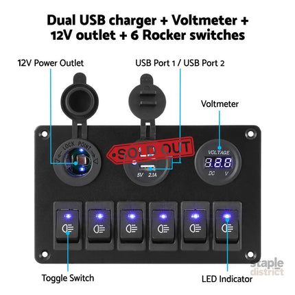 Giantz 6 Gang 12V Switch Panel For Car Boat Marine USB ON-OFF LED Rocker Toggle - Baby & Kids > Ride On Cars Go-karts &