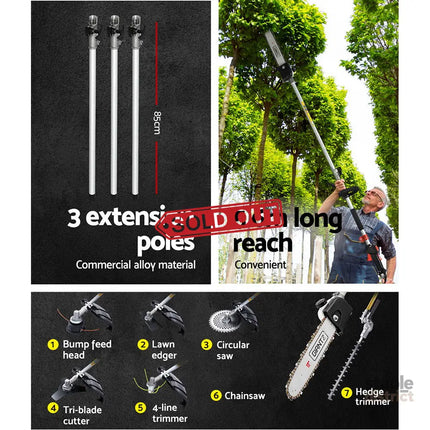 Giantz 62CC Pole Chainsaw Hedge Trimmer Brush Cutter Whipper 7-in-1 5.6m Black - Tools > Power Tools > Chainsaws