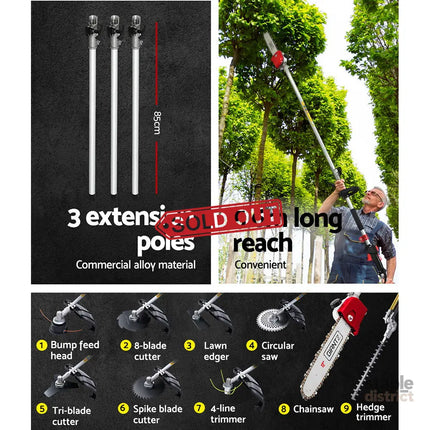 Giantz 62CC Pole Chainsaw Hedge Trimmer Brush Cutter Whipper 9-in-1 5.6m Red - Tools > Power Tools > Chainsaws