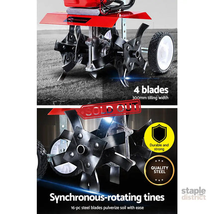 Giantz 72CC Tiller Garden Cultivator Rototiller 4 Blades Soil Plower Mini Rotary Hoe - Tools > Power Tools > Outdoor