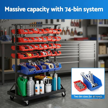 Giantz 74 Bins Storage Rack Double Sided Mobile Garage Workshop Tools Organizer - Tools > Tools Storage > Wall Storage