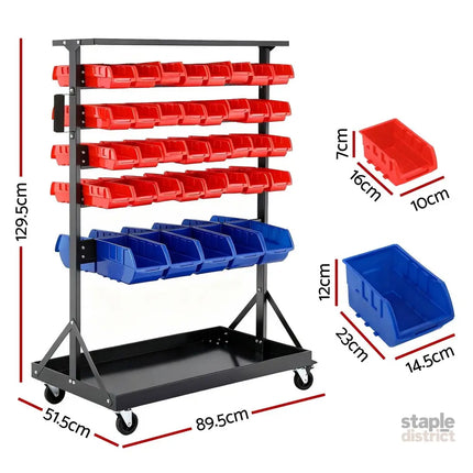 Giantz 74 Bins Storage Rack Double Sided Mobile Garage Workshop Tools Organizer - Tools > Tools Storage > Wall Storage