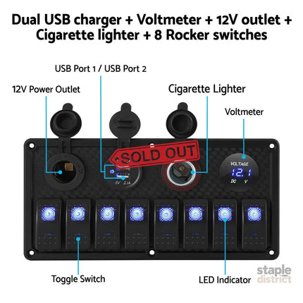 Giantz 8 Gang 12V Switch Panel For Car Boat Marine USB ON-OFF LED Rocker Toggle - Baby & Kids > Ride On Cars Go-karts &