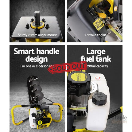 Giantz 80CC Post Hole Digger 200mm Petrol Drill Auger Extension Bits - Tools > Power Tools > Outdoor Power Equipment