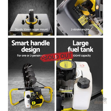 Giantz 80CC Post Hole Digger 300mm Petrol Drill Auger Extension Bits - Tools > Power Tools > Outdoor Power Equipment
