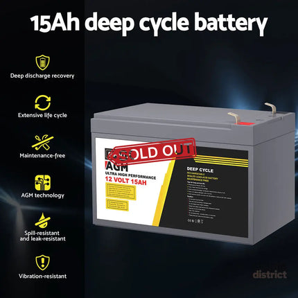 Giantz AGM Battery 12V 15Ah Deep Cycle Box Portable Solar Caravan Camping - Outdoor Recreation > Camping > Batteries &
