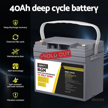 Giantz AGM Battery 12V 40Ah Deep Cycle Box Portable Solar Caravan Camping - Outdoor Recreation > Camping > Batteries &
