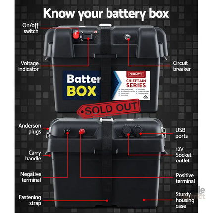 Giantz AGM Battery Box 12v XL Deep Cycle Portable Solar Caravan Camping - Outdoor Recreation > Camping > Batteries &