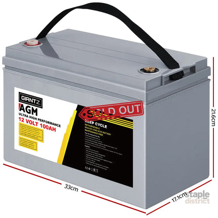 Giantz AGM Deep Cycle Battery 12V 100Ah Box Portable Solar Caravan Camping - Outdoor Recreation > Camping > Batteries &