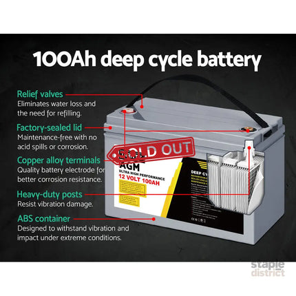 Giantz AGM Deep Cycle Battery 12V 100Ah x2 Box Portable Solar Caravan Camping - Outdoor Recreation > Camping >