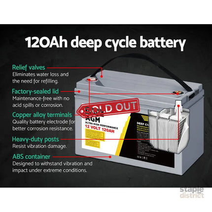 Giantz AGM Deep Cycle Battery 12V 120Ah x2 Box Portable Solar Caravan Camping - Outdoor Recreation > Camping >