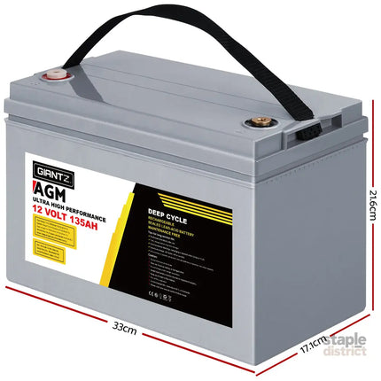 Giantz AGM Deep Cycle Battery 12V 135Ah Box Portable Solar Caravan Camping - Outdoor Recreation > Camping > Batteries &