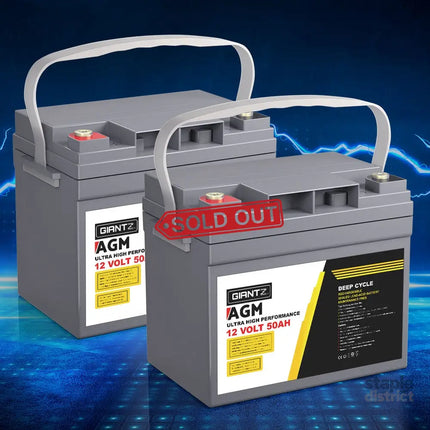 Giantz AGM Deep Cycle Battery 12V 50Ah x2 Box Portable Solar Caravan Camping - Outdoor Recreation > Camping > Batteries