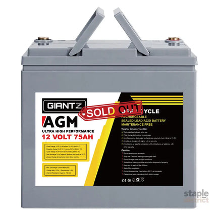 Giantz AGM Deep Cycle Battery 12V 75Ah Box Portable Solar Caravan Camping - Outdoor Recreation > Camping > Batteries &