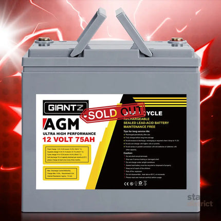 Giantz AGM Deep Cycle Battery 12V 75Ah Box Portable Solar Caravan Camping - Outdoor Recreation > Camping > Batteries &