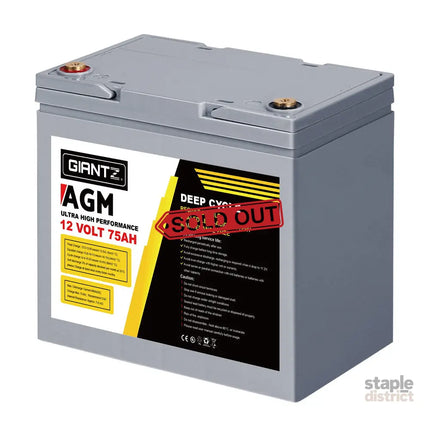 Giantz AGM Deep Cycle Battery 12V 75Ah Box Portable Solar Caravan Camping - Outdoor Recreation > Camping > Batteries &