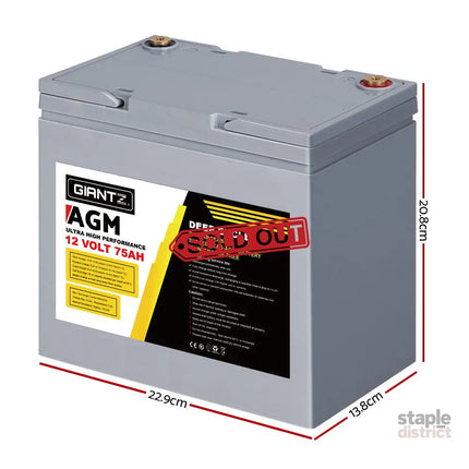 Giantz AGM Deep Cycle Battery 12V 75Ah Box Portable Solar Caravan Camping - Outdoor Recreation > Camping > Batteries &