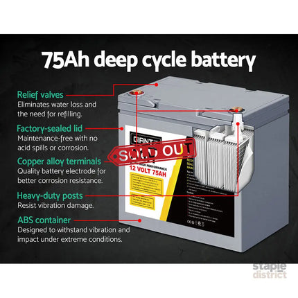 Giantz AGM Deep Cycle Battery 12V 75Ah x2 Box Portable Solar Caravan Camping - Outdoor Recreation > Camping > Batteries