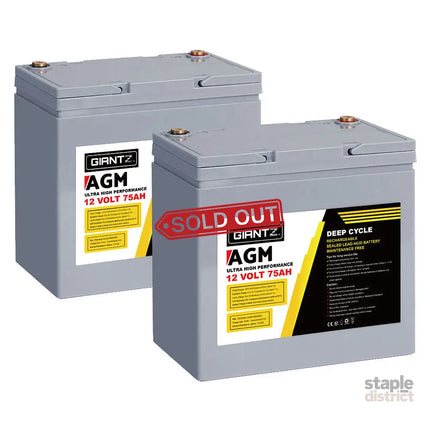 Giantz AGM Deep Cycle Battery 12V 75Ah x2 Box Portable Solar Caravan Camping - Outdoor Recreation > Camping > Batteries