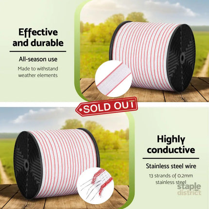 Giantz Electric Fence Tape Polytape 400M Electric Fence Wire Red White - Pet Care > Farm Supplies > Fencing