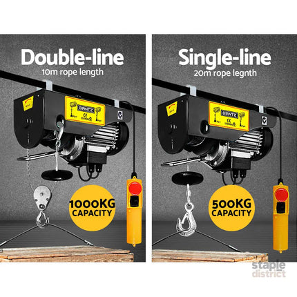 Giantz Electric Hoist Winch 500/1000KG Cable 20M Rope Tool Remote Chain Lifting - Auto Accessories > Auto Accessories