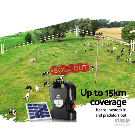 Giantz Fence Energiser 15KM Solar Powered 0.8J Electric - Pet Care > Farm Supplies > Fencing