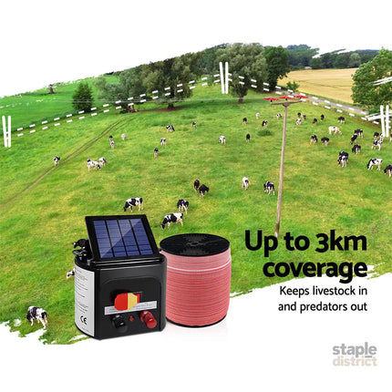 Giantz Fence Energiser 3KM Solar Powered Electric 2000M Poly Tape - Pet Care > Farm Supplies > Fencing