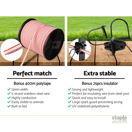 Giantz Fence Energiser 5KM Solar Powered Electric 400M Poly Tape Insulator - Pet Care > Farm Supplies > Fencing