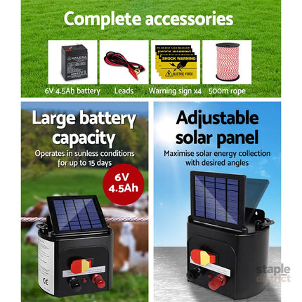 Giantz Fence Energiser 5KM Solar Powered Electric 500M Poly Rope - Pet Care > Farm Supplies > Fencing