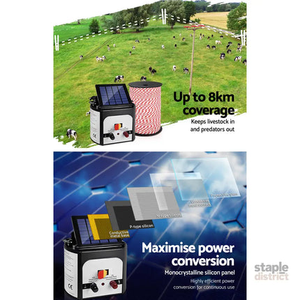 Giantz Fence Energiser 8KM Solar Powered Electric 500M Poly Rope - Pet Care > Farm Supplies > Fencing