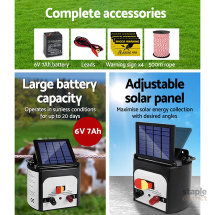 Giantz Fence Energiser 8KM Solar Powered Electric 500M Poly Rope - Pet Care > Farm Supplies > Fencing