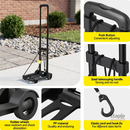 Giantz Folding Trolley Portable Hand Truck Lightweight Travel Luggage Black - Tools > Tools Storage > Utility Trolleys