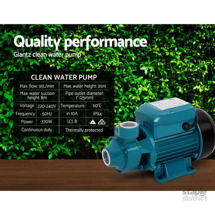Giantz Peripheral Water Pump Garden Boiler Car Wash Electric Irrigation QB60 - Tools > Pumps > Irrigation Pumps