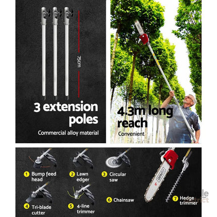 Giantz Pole Chainsaw 2 Stroke Petrol Hedge Trimmer Tree Pruner 7 In 1 - Tools > Power Tools > Chainsaws