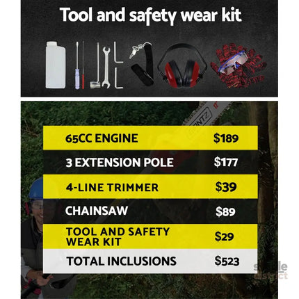 Giantz Pole Chainsaw Petrol 2 Stroke Tree Pruner Long Reach Saw 12 Inch Bar - Tools > Power Tools > Chainsaws