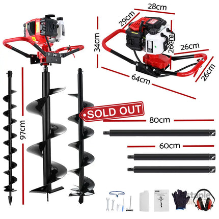 Giantz Post Hole Digger Petrol Motor Drill Extension Auger Bits Kits - Tools > Other Tools > Drill & Screwdriver