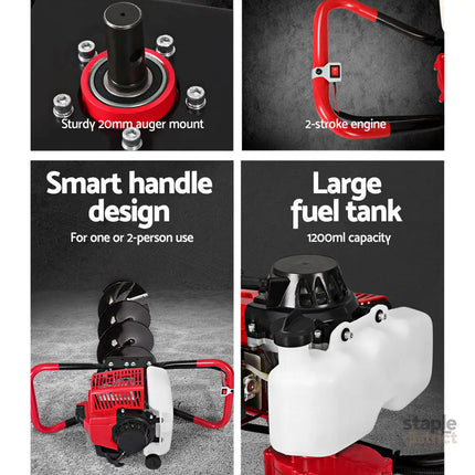 Giantz Post Hole Digger Petrol Motor Drill Extension Auger Bits Kits - Tools > Power Tools > Outdoor Power Equipment