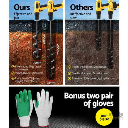 Giantz Power Garden Spiral Auger Hole Digger Earth Drill Bit Φ75x300 & 600mm - Tools > Power Tools > Outdoor Power