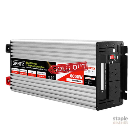 Giantz Power Inverter 3000W or 6000W Pure Sine Wave 12V-240V Camping Boat Caravan - Outdoor Recreation > Camping >