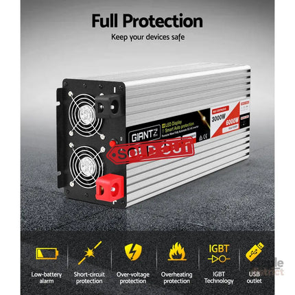 Giantz Power Inverter 3000W or 6000W Pure Sine Wave 12V-240V Camping Boat Caravan - Outdoor Recreation > Camping >