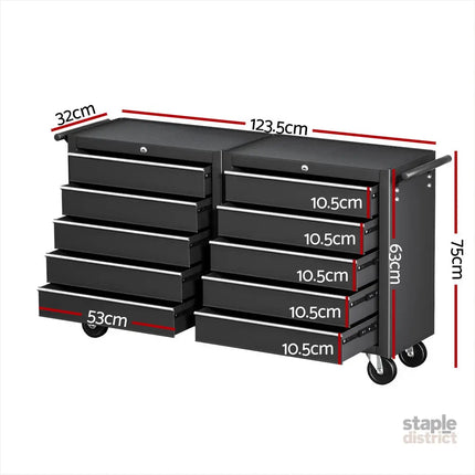 Giantz Tool Chest Trolley 10 Drawers Toolbox Storage Black - Tools > Tools Storage > Tool Boxes