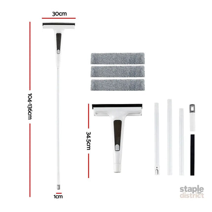 Giantz Window Cleaner Mirror Car Spray Scrub Squeegee 136cm Extendable Long Handle with Water Tank 3 Microfiber Pads
