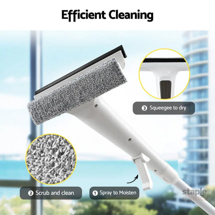 Giantz Window Cleaner Mirror Car Spray Scrub Squeegee 136cm Extendable Long Handle with Water Tank 3 Microfiber Pads