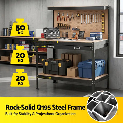 Giantz Workbench with Pegboard and Ultra-Wide 120cm Work Table for Garage DIY 20 Hooks - Tools > Tools Storage > Work