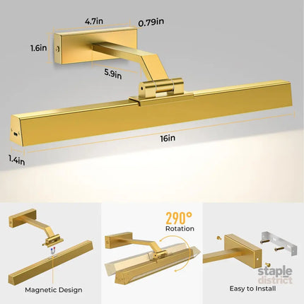 Picture Lights for Wall Battery Operated Picture Light 16in Gallery Light for Paintings CCT Dimmable Gold - Home &