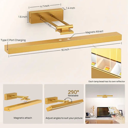 Picture Light Battery Operated 16in Wireless Art Light for Paintings CCT Dimmable Recharging Battery Picture Light with