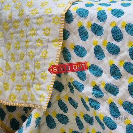 GOTS Certified Organic Cotton Reversible Baby Quilt (100x120cm) - Blue Pineapple - Baby & Kids > Kid’s Furniture >